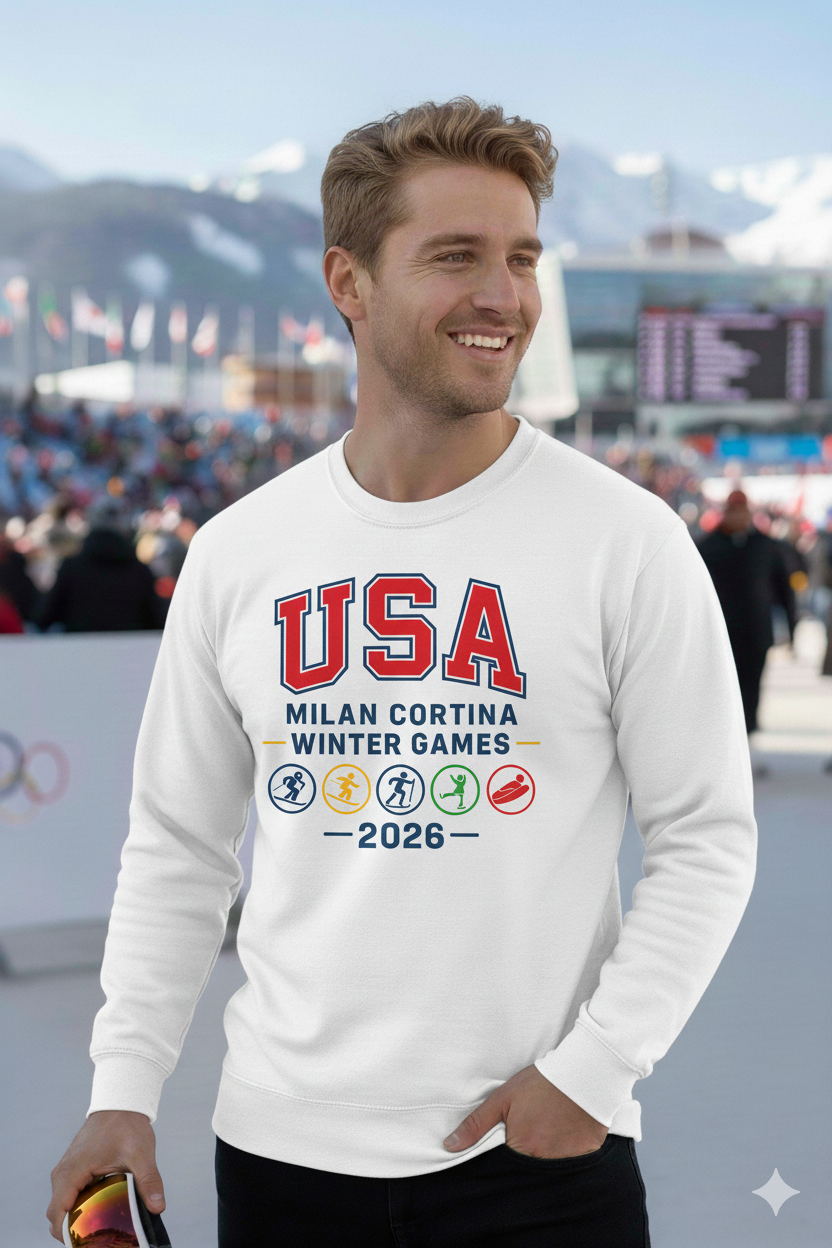 Man wearing a white sweatshirt with 'USA Milan Cortina Winter Games 2026' text at an outdoor sports event.