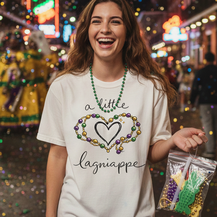 Woman wearing a 'a little lagniappe' t-shirt in a festive street setting with confetti.