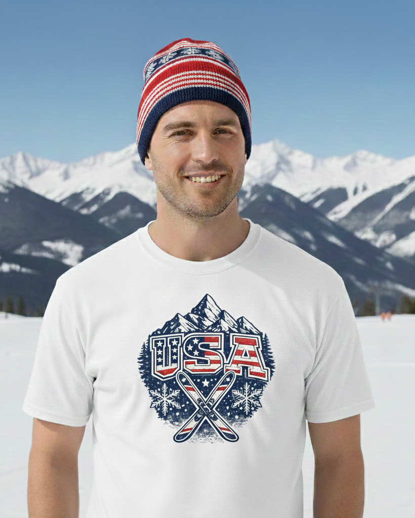 man in white graphic t-shirt with usa and skis in vintage patriotic style in the nnountains,