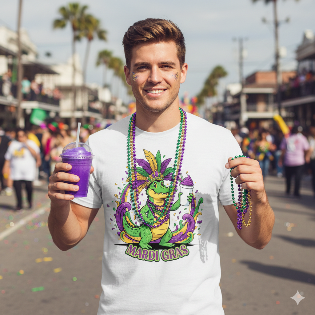 Man in a white graphic t-shirt that has alligator and mardis gras on the front.