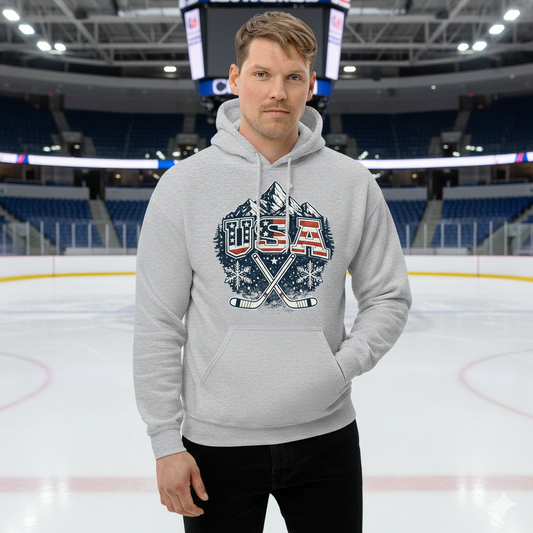 USA Hockey Hoodie | Winter Sports Snowflake Hoodie | Mountain Hockey Graphic Sweatshirt | Unisex Gildan 18500