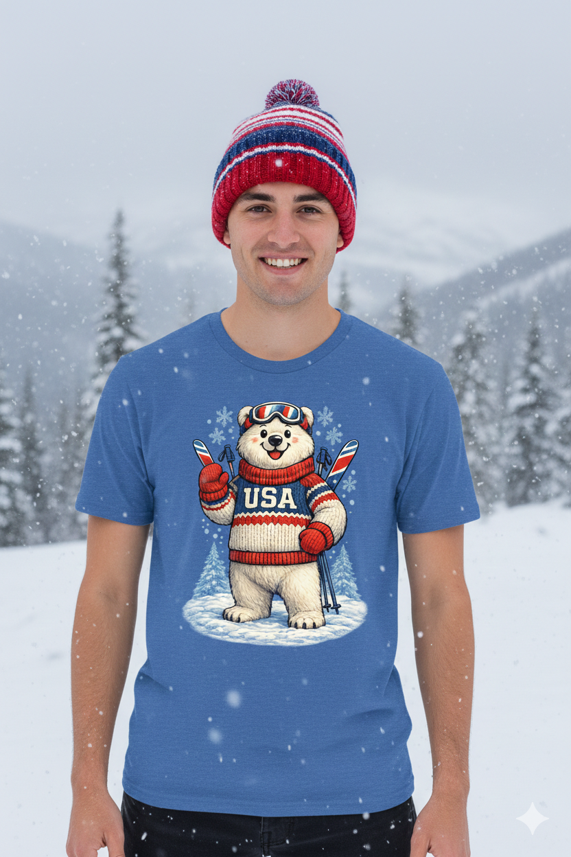 Person wearing a blue t-shirt with a polar bear graphic in a snowy landscape