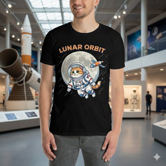 Lunar Orbit Space Cat T-Shirt | Astronaut Cat Graphic Tee | Unisex Space Lover Shirt