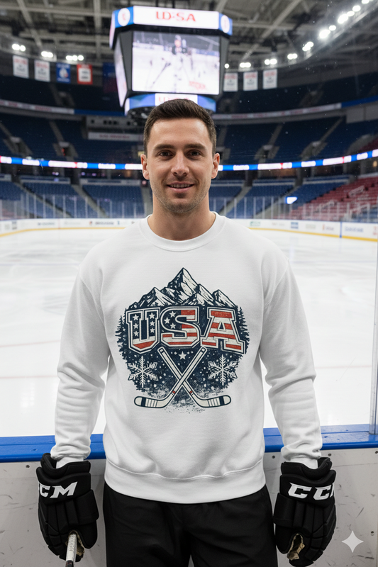 USA Hockey Sweatshirt, Winter Sports Crewneck, USA Ice Hockey Sweatshirt | Winter Sports Snowflake Crewneck | Mountain Hockey Graphic | Unisex Gildan 18000