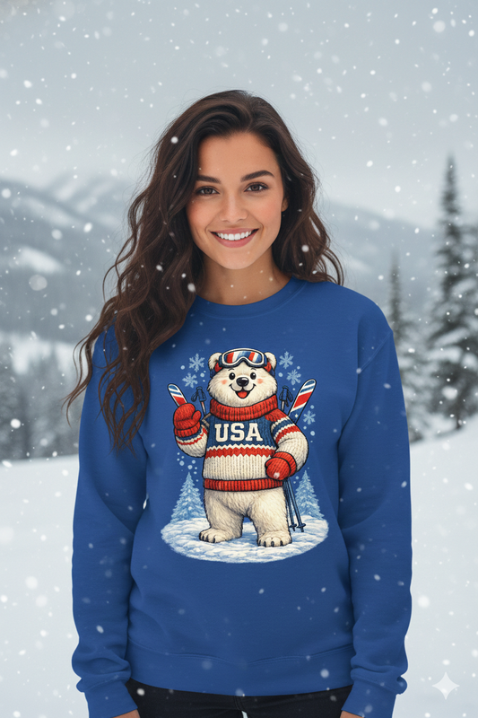 Polar Bear USA Sweatshirt | Winter Ski Bear Crewneck | Cozy Unisex Pullover