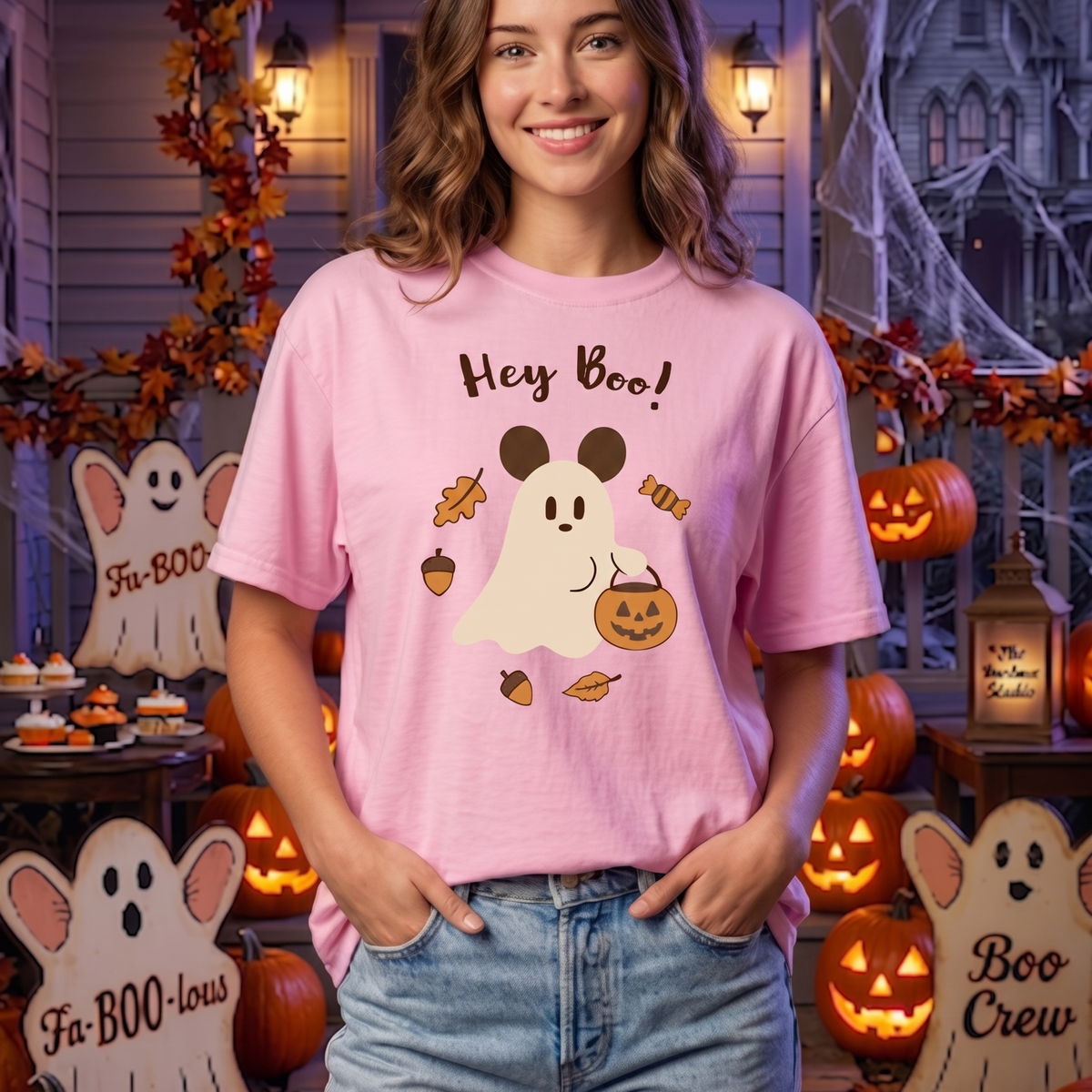 A woman stands in a Halloween-themed outdoor porch setting wearing a light pink graphic T-shirt with a cartoon ghost, acorns, and the text 'Hey Boo!' and light-wash blue jeans. Decorative pumpkins, ghost signs, autumn garlands, and a haunted house are visible in the background.