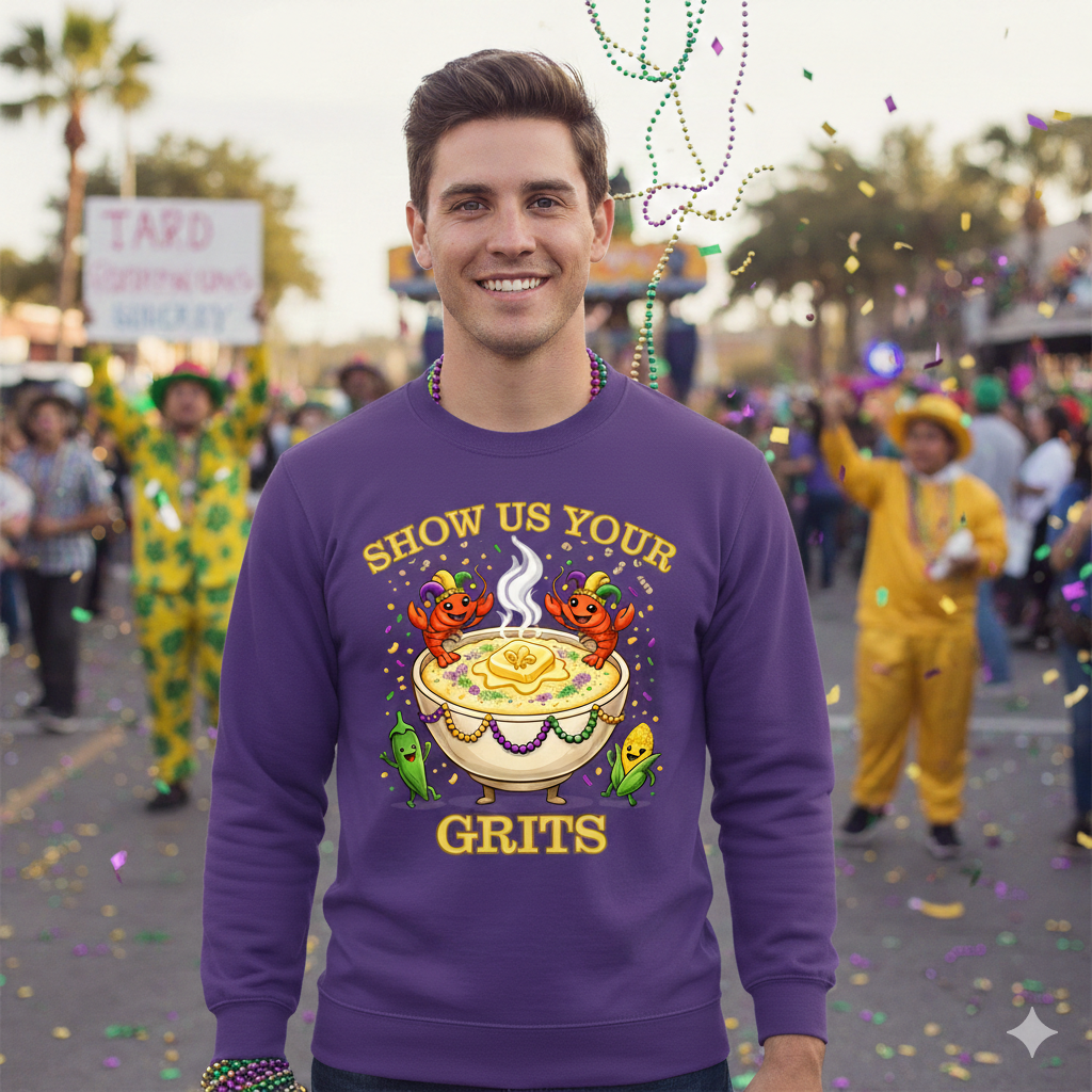 Show Us Your Grits Sweatshirt – Mardi Gras Unisex Crewneck | Gildan 18000 Carnival Sweatshirt