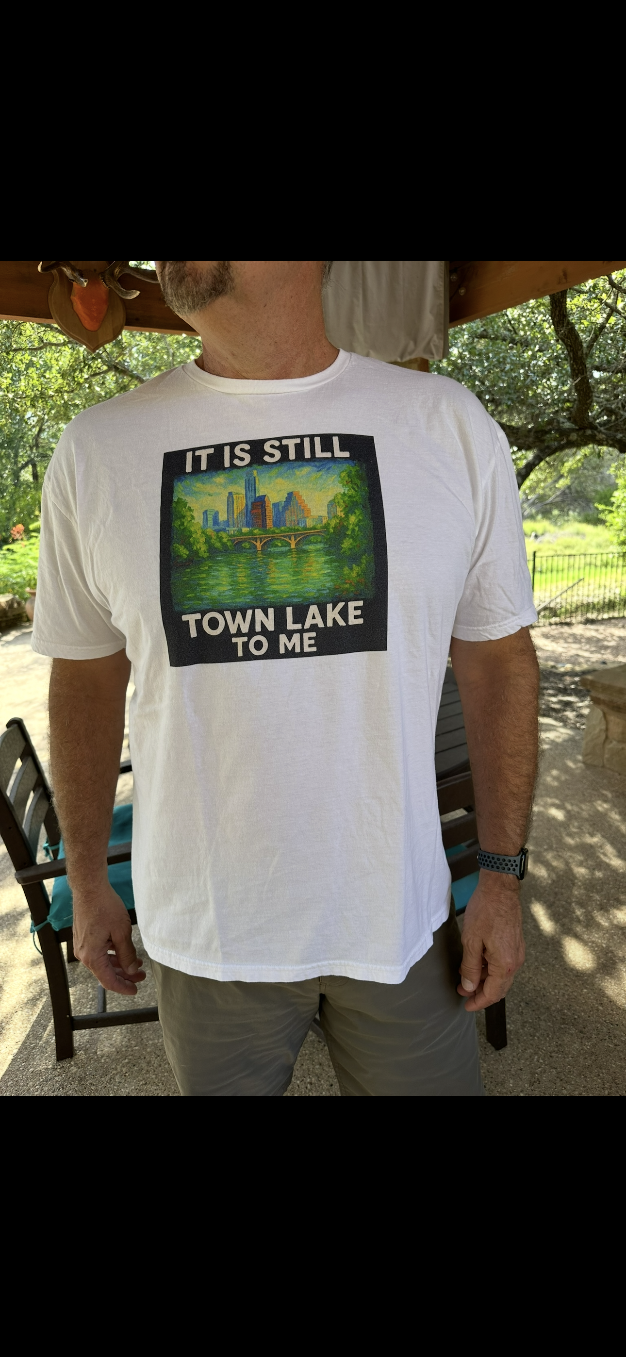 It Is Still Town Lake to Me Austin Graphic Tee – Nostalgic Austin Skyline Shirt, Gildan Heather Blue & White