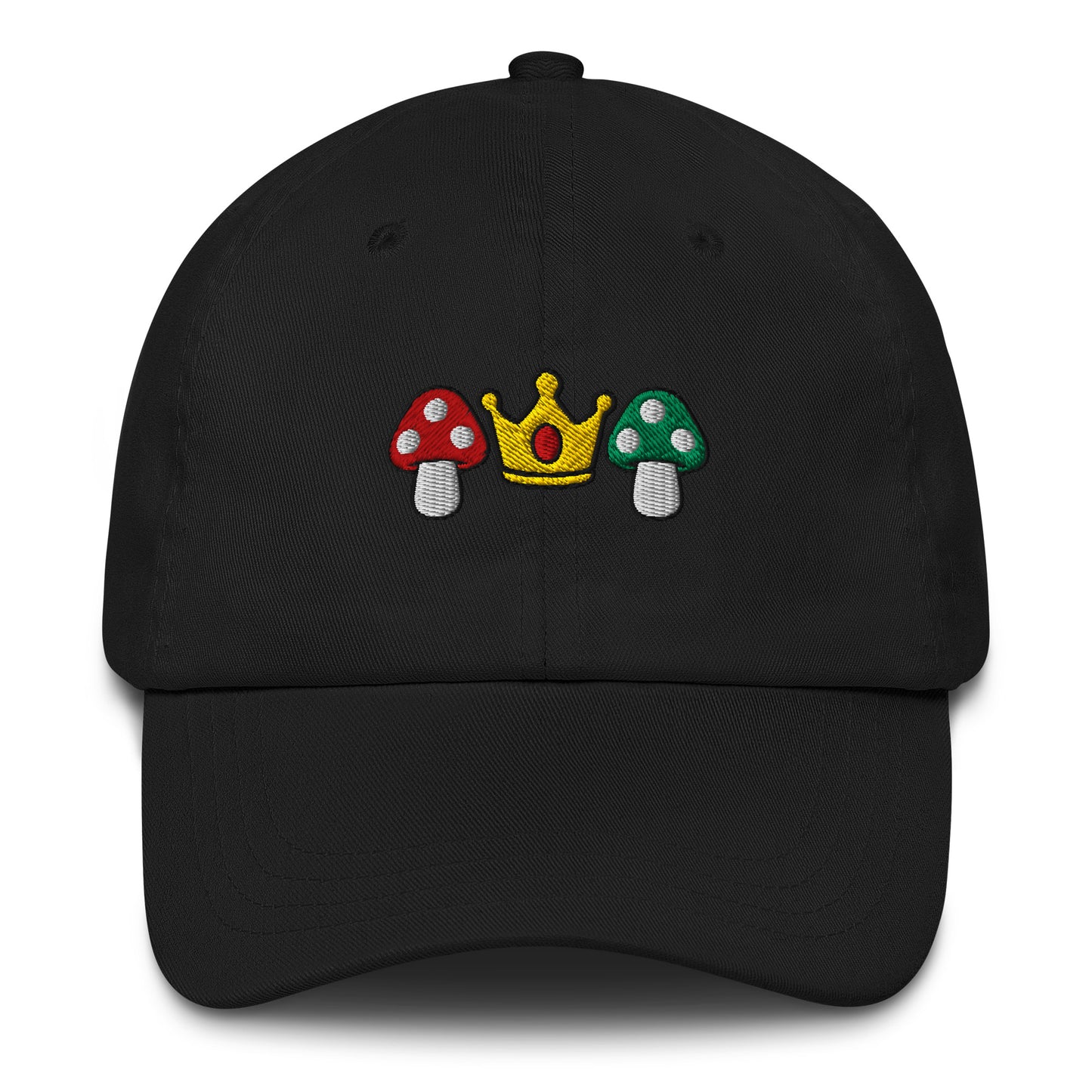 Embroiderd Mushrooms and Crown on a Black Baseball Hat.