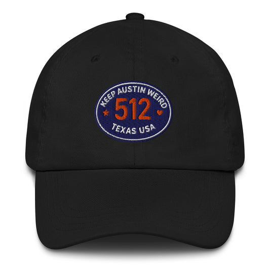 Black Cotton Baseball hat with embroidered oval with 512 Austin area code.