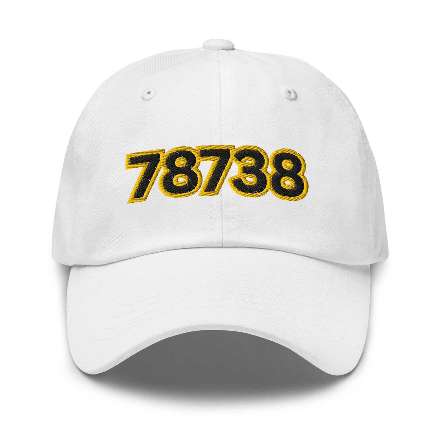 White dad baseball hat with black and yellow numbers '78738' on a white background and bee on back