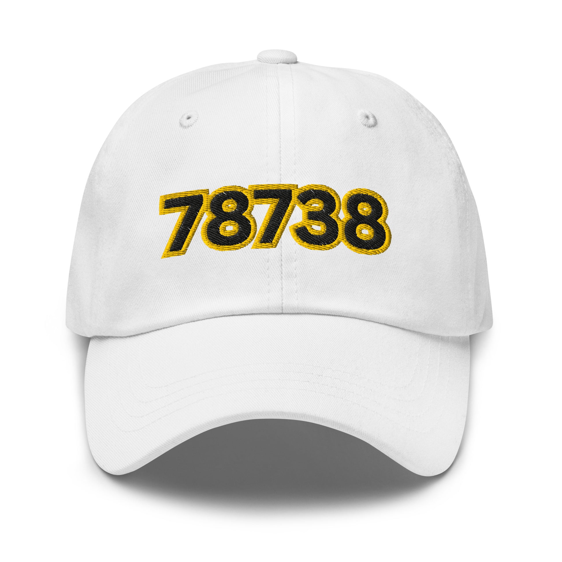 White dad baseball hat with black and yellow numbers '78738' on a white background and bee on back