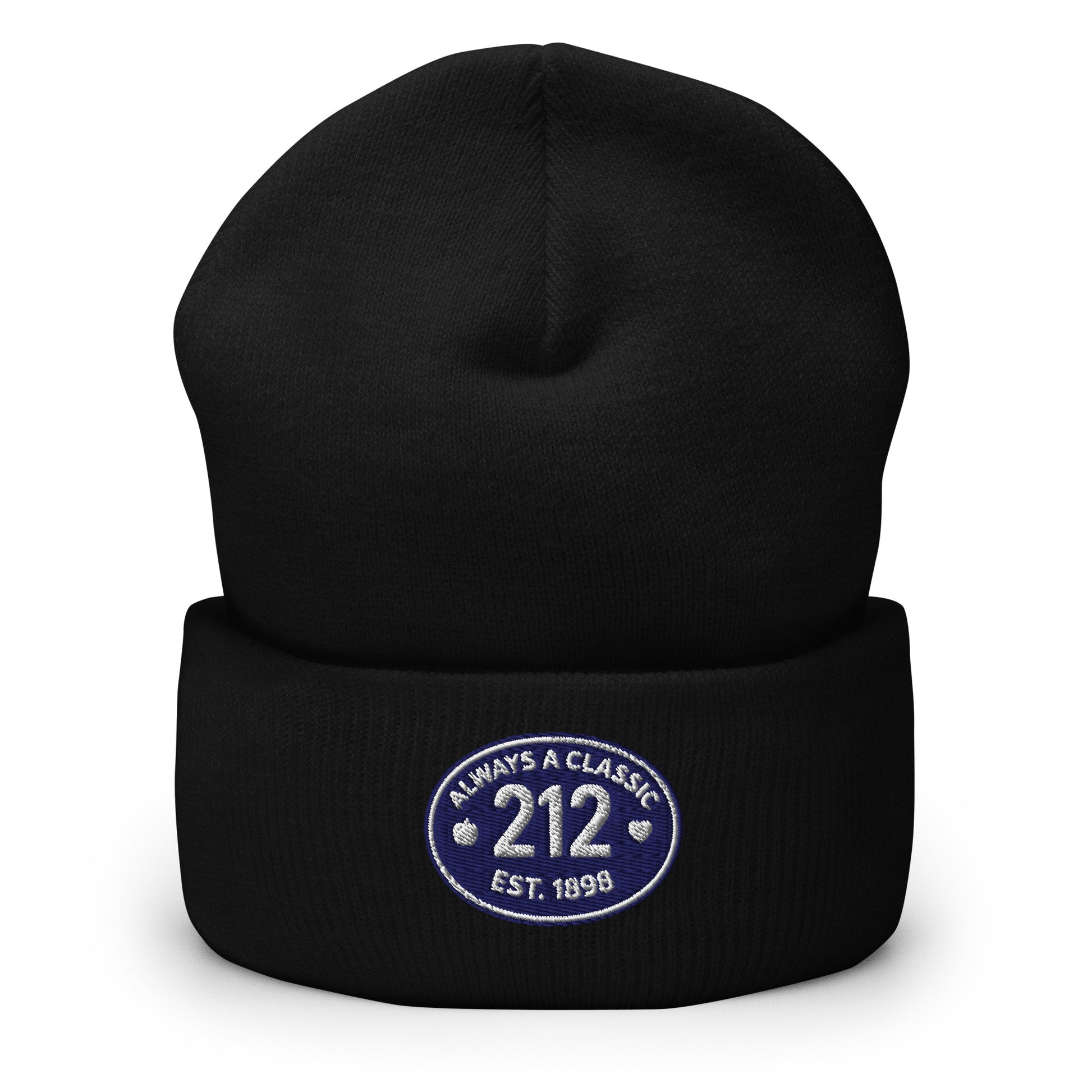Black beanie with a blue and white  embroidered emblem 212 on a white background