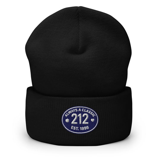 Black beanie with a blue and white  embroidered emblem 212 on a white background