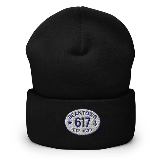 Black beanie with 'Beantown 617' logo on a white background