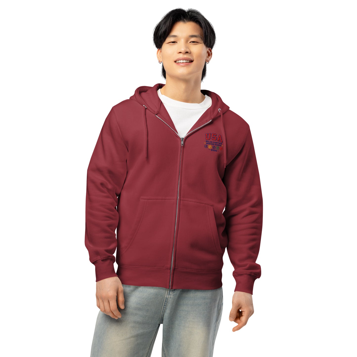 Man In white zip hoodie that says USA against white background