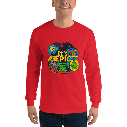 Man wearing a red Gildan unisex long sleeve T-shirt with colorful “It’s EPIC” design featuring a dragon, star, castle, monster, potion, and fantasy icons.