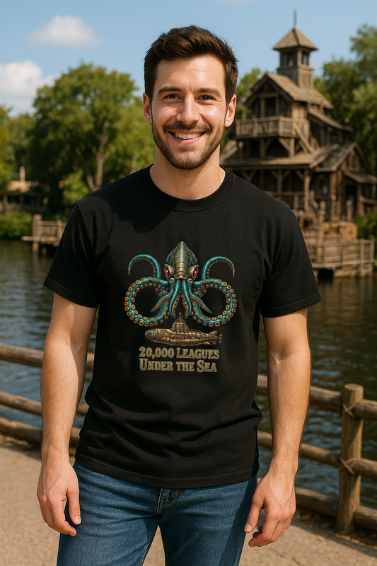Man wearing a black t-shirt with a kraken and 20,000 leagues standing in front of a wooden structure by a body of water.