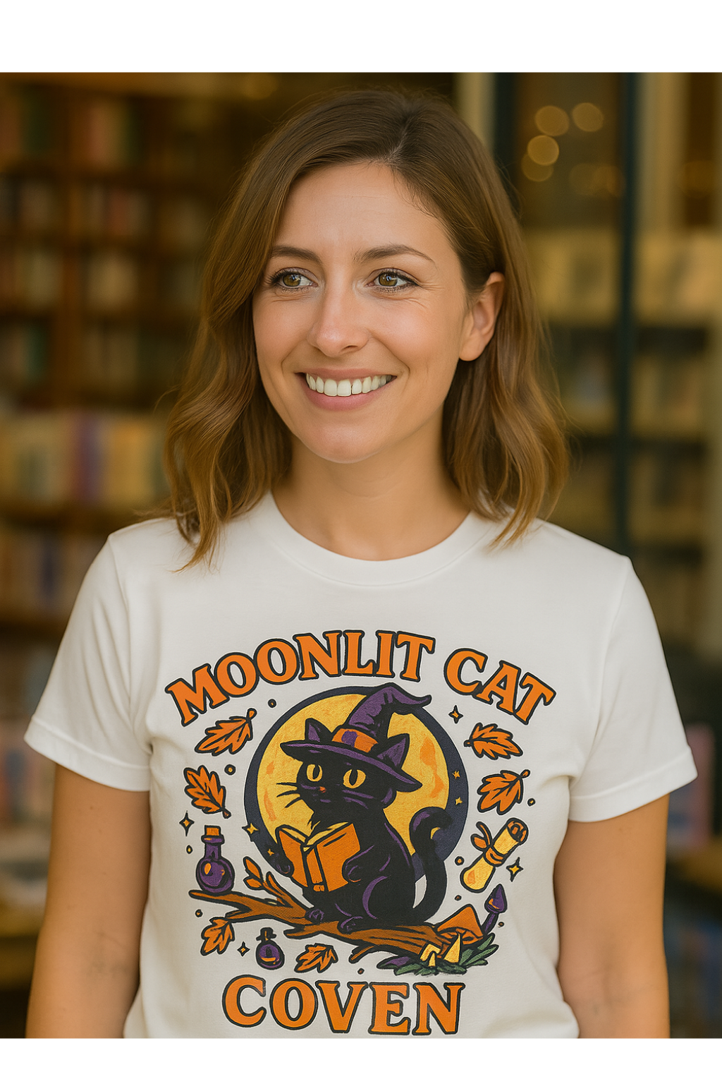 Woman wearing a 'Moonlit Cat Coven' t-shirt with a black cat graphic.