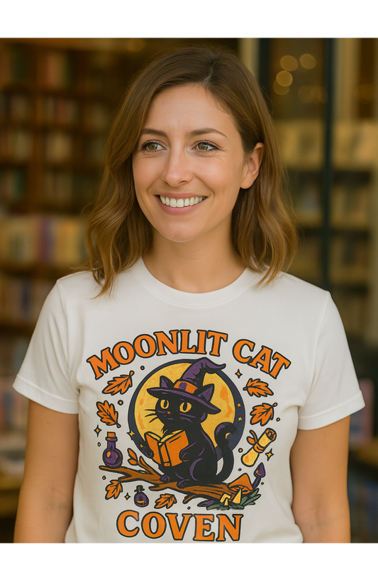 Woman wearing a 'Moonlit Cat Coven' t-shirt with a black cat graphic.
