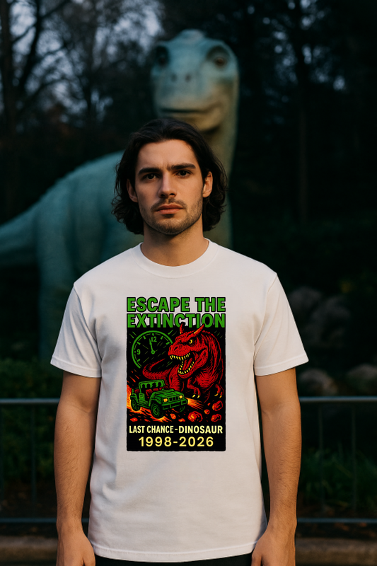 Adult unisex white t-shirt with Escape the Extinction Dinosaur design, 1998–2026 farewell ride graphic.