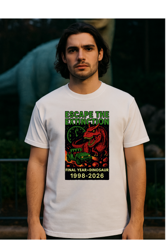 A man wearing a white graphic t-shirt with a big red dinosaur and land rover in front of a dinosaur.