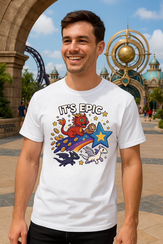 oung man wearing a white Gildan t-shirt with colorful “It’s EPIC” design featuring a red cat-dragon, a monkey, a comet with coins, stars, and two flying dragons, photographed at a theme park entrance.