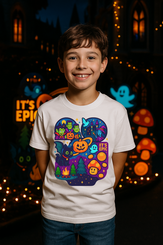 Smiling boy wearing a white youth Gildan t-shirt with colorful Halloween design featuring pumpkins, ghosts, black cat, and castle at Epic Universe.