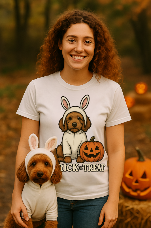 Doodle Halloween Shirt • Trick or Treat Bunny Dog Costume Tee • Cute Pumpkin Dog Graphic • Gildan Unisex T-shirt