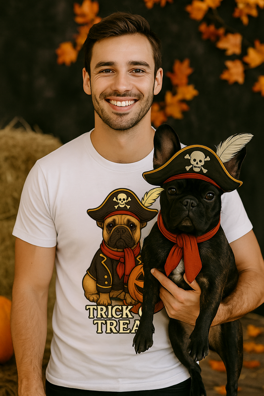French Bulldog Halloween Shirt • Trick or Treat Pirate Dog Costume Tee • Cute Dog Pumpkin Graphic • Gildan Unisex T-shirt