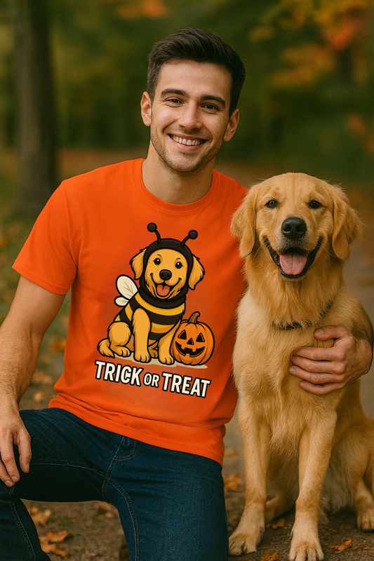 Golden Retriever Halloween Shirt • Trick or Treat Dog Costume Tee • Cute Bee Dog with Pumpkin • Gildan Unisex Graphic T-shirt