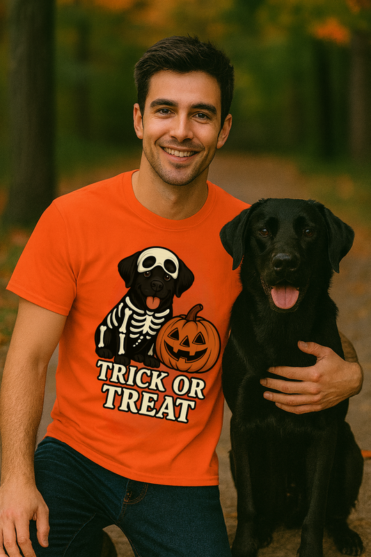 Black Lab Halloween Shirt • Trick or Treat Dog Skeleton Costume Tee • Cute Dog Pumpkin Graphic • Gildan Unisex T-shirt