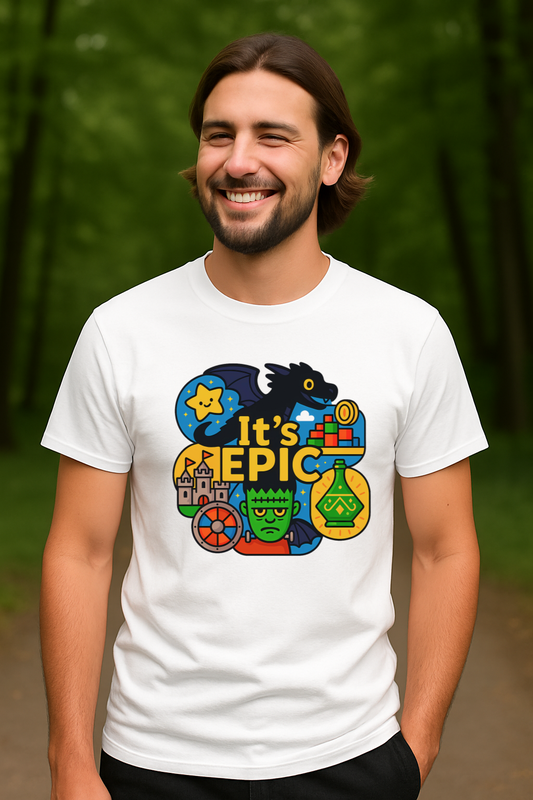 Man wearing white Gildan 64000 t-shirt with colorful ‘It’s Epic’ design featuring dragon, castle, potion, and Frankenstein graphics – Epic Universe theme park shirt”