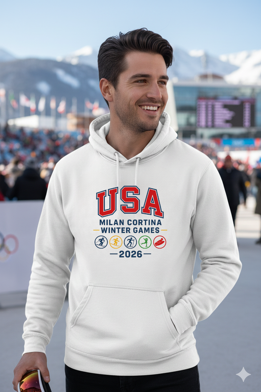 USA Winter Games Inspired 2026 Hoodie – Milan Cortina Style Ski Skate Snowboard Design – Cotton Heritage M2635 Unisex Premium Hoodie