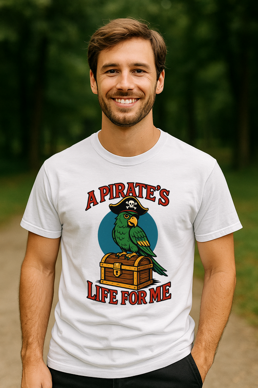 Man wearing a white t-shirt with a pirate-themed design featuring a parrot and treasure chest.