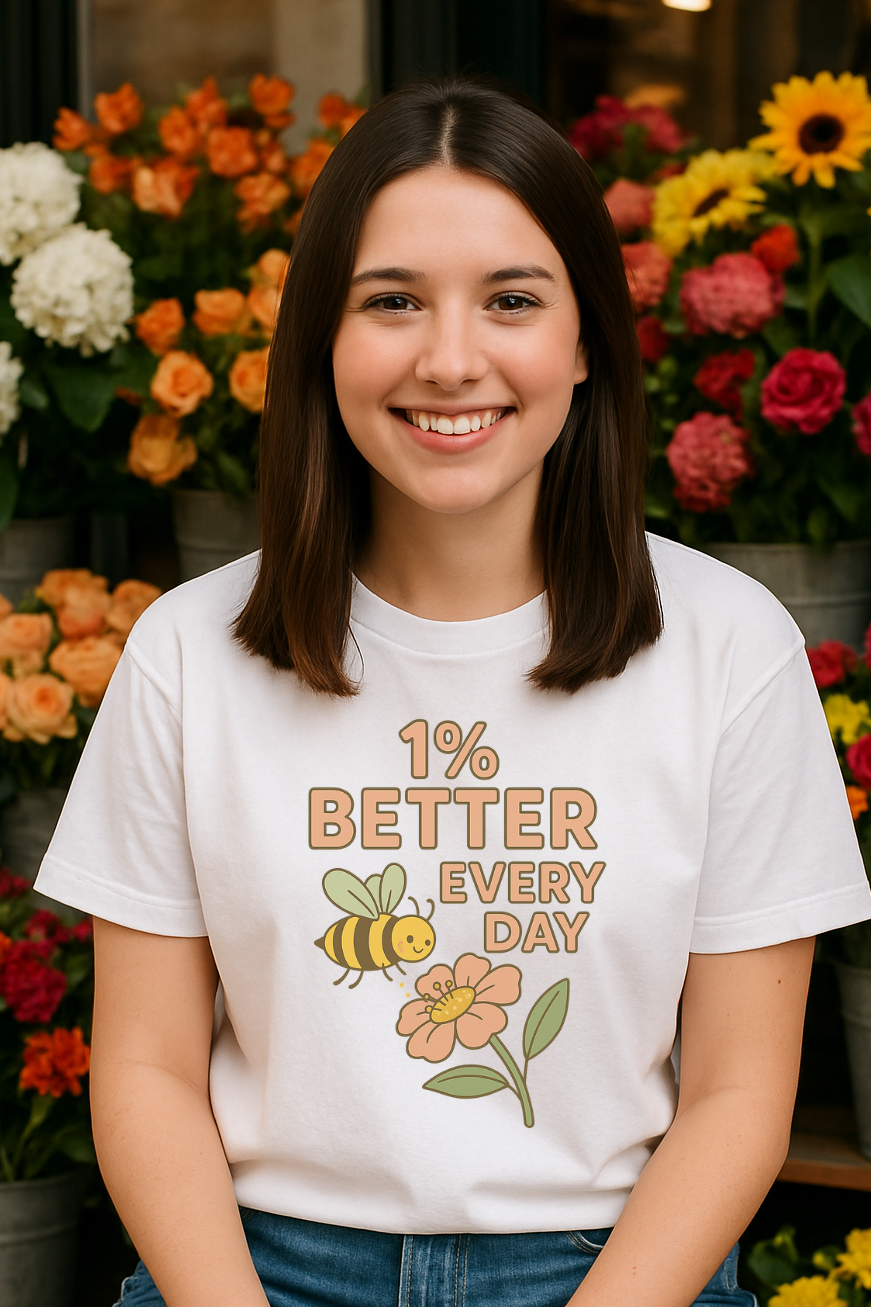Woman wearing a white t-shirt with a motivational message, sitting among flowers.