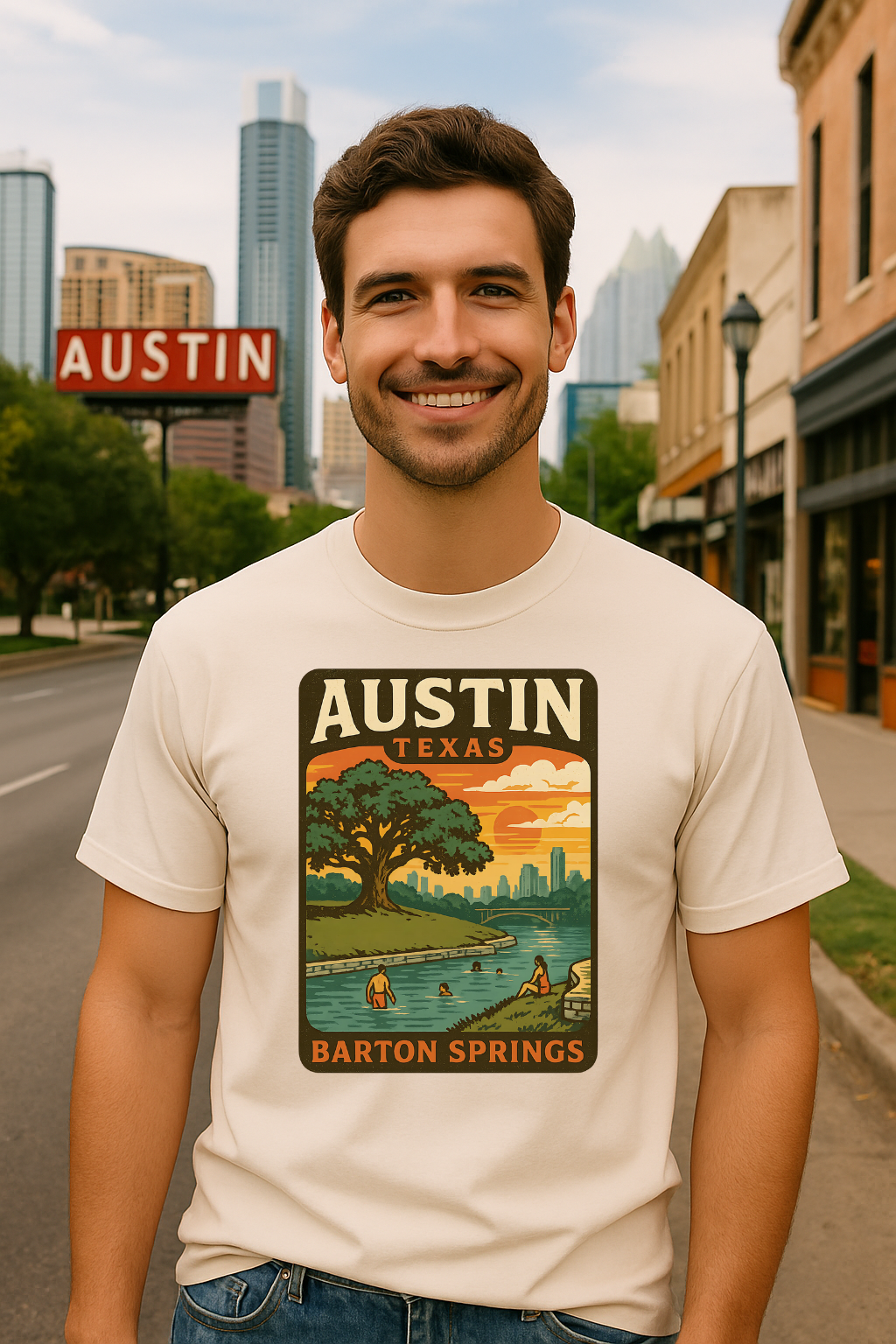 Smiling man in downtown Austin wearing an ivory Comfort Colors t-shirt featuring a vintage-style Barton Springs design with a tree, pool, and city skyline in warm sunset colors.