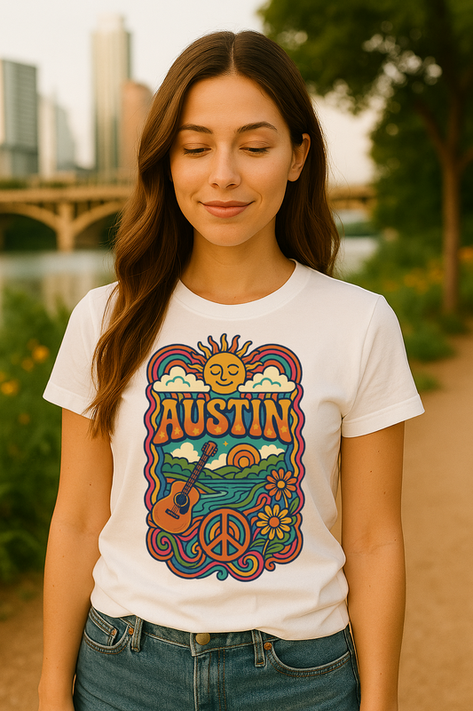 Groovy Austin Women’s T-Shirt – Retro Music Festival Tee with Guitar, Peace Sign & Sunshine