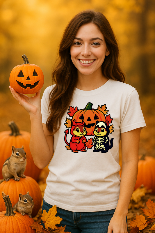 Woman wearing a white t-shirt with Halloween-themed design with chipmunks, holding a pumpkin in an autumn setting.
