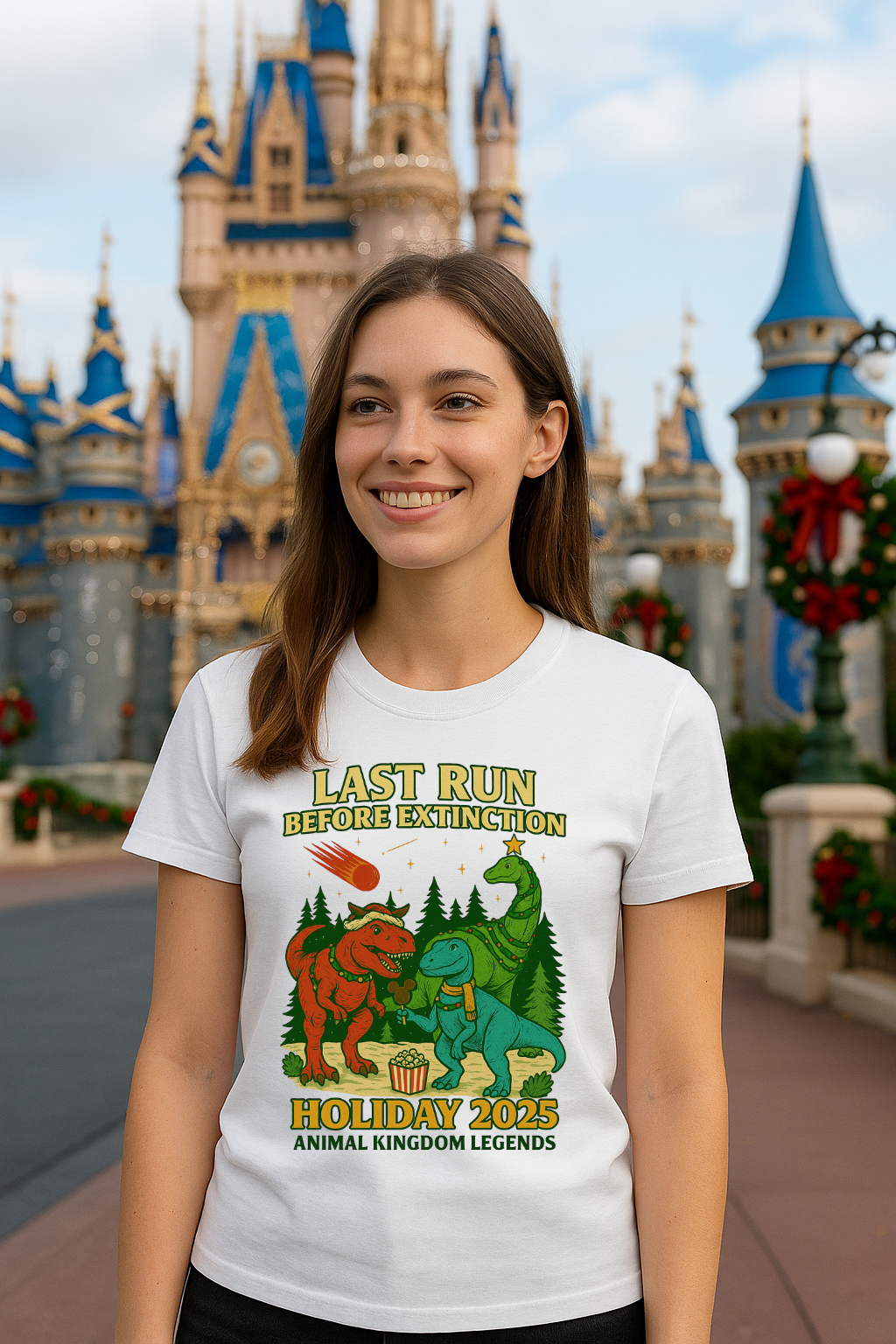 Girl in white shirt with Dinosaurs eating treats in front of a castle