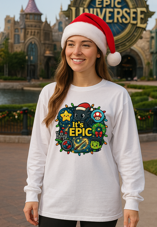 A woman wearing a white long-sleeve graphic t-shirt and a red Santa hat stands in front of the 'Epic Universe' sign at Disney, with the text 'It's EPIC' printed on the front.