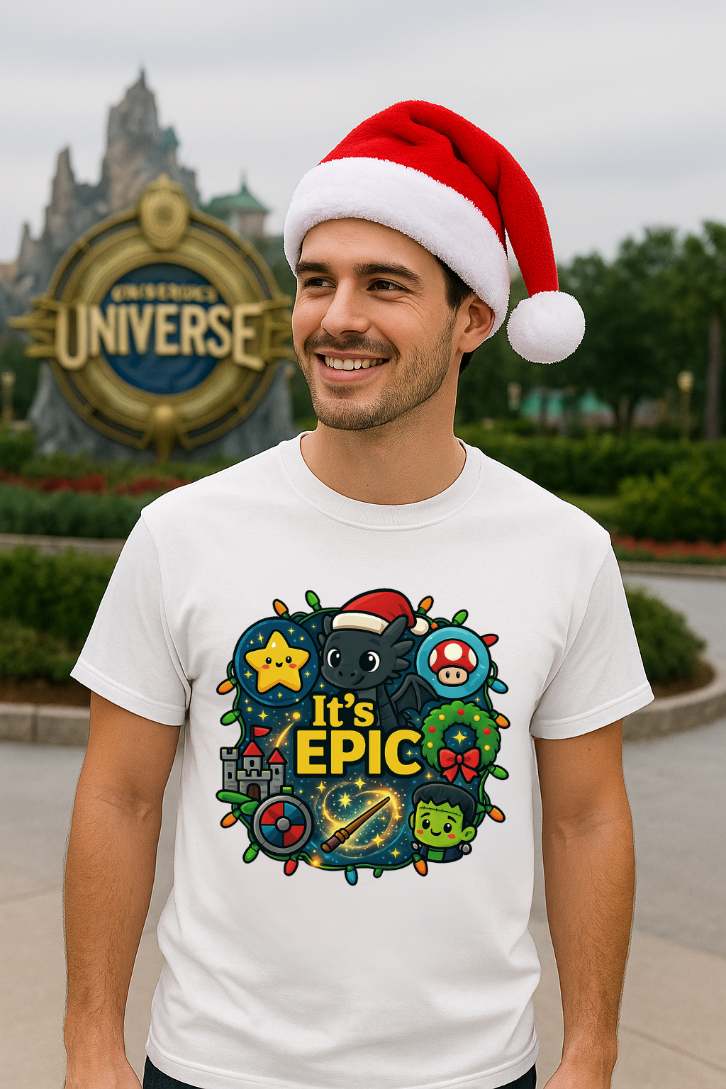 Man wearing a white t-shirt with a colorful It's Epic graphic design and a Santa hat, standing in front of 'Universal Universe' sign.
