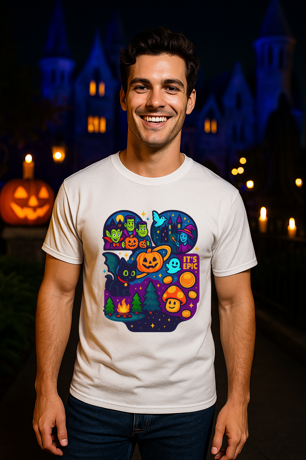Handsome young man smiling while wearing a white Gildan t-shirt with a colorful Epic Universe Halloween design featuring pumpkins, ghosts, black cat, mushrooms, and spooky castle background, standing in the Dark Universe area at night.