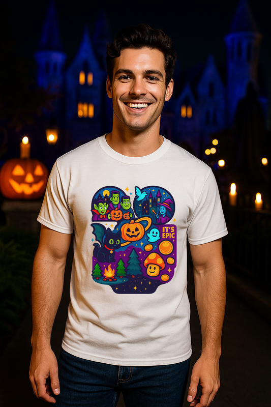 Handsome young man smiling while wearing a white Gildan t-shirt with a colorful Epic Universe Halloween design featuring pumpkins, ghosts, black cat, mushrooms, and spooky castle background, standing in the Dark Universe area at night.