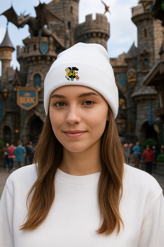 Person woman a white beanie with a It's Epic logo in front of a castle-like structure