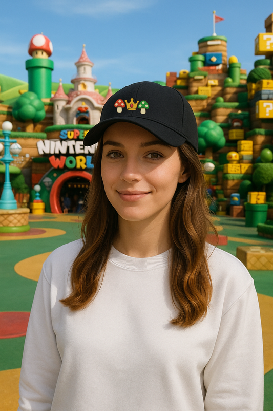 Woman wearing a cap with embroidered mushrooms and crown logos in front of a colorful 'Super Nintendo World' theme park setting.