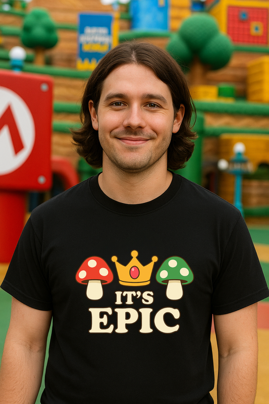 Person wearing a black t-shirt with colorful mushrooms and crown graphics and text in Epic Universe.
