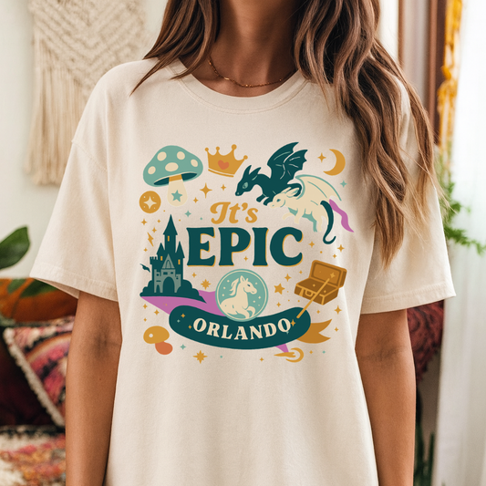 Person wearing a white t-shirt with 'It's Epic Orlando' design.