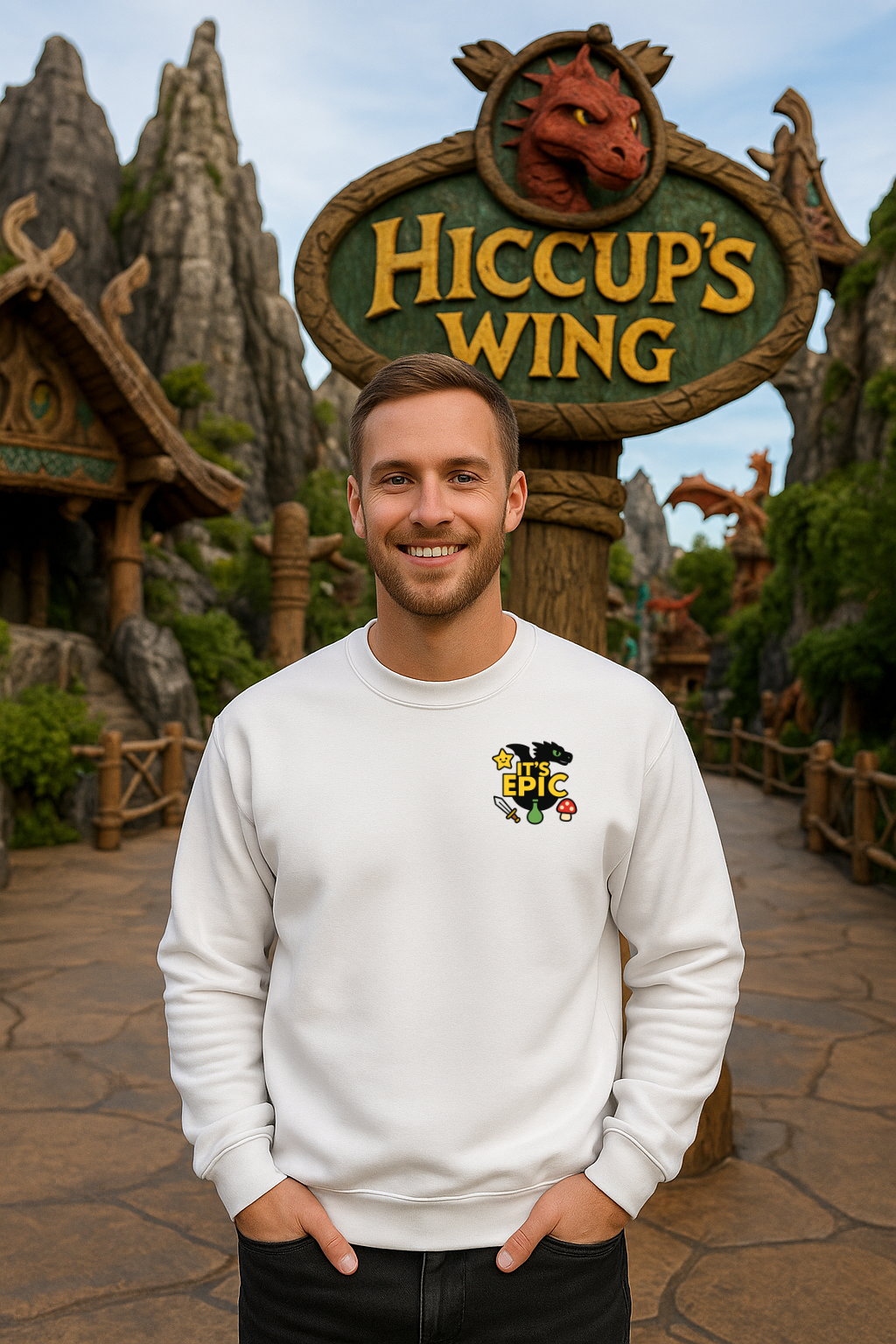 Man wearing a white sweatshirt with a Epic Embroidery Design in front of a themed attraction sign.