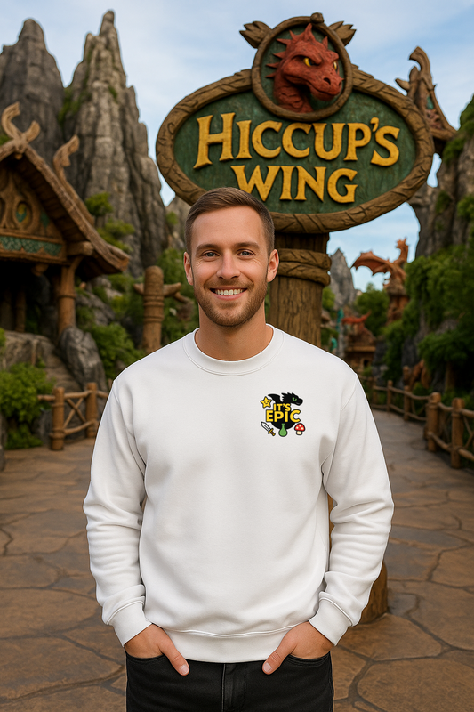 Man wearing a white sweatshirt with a Epic Embroidery Design in front of a themed attraction sign.